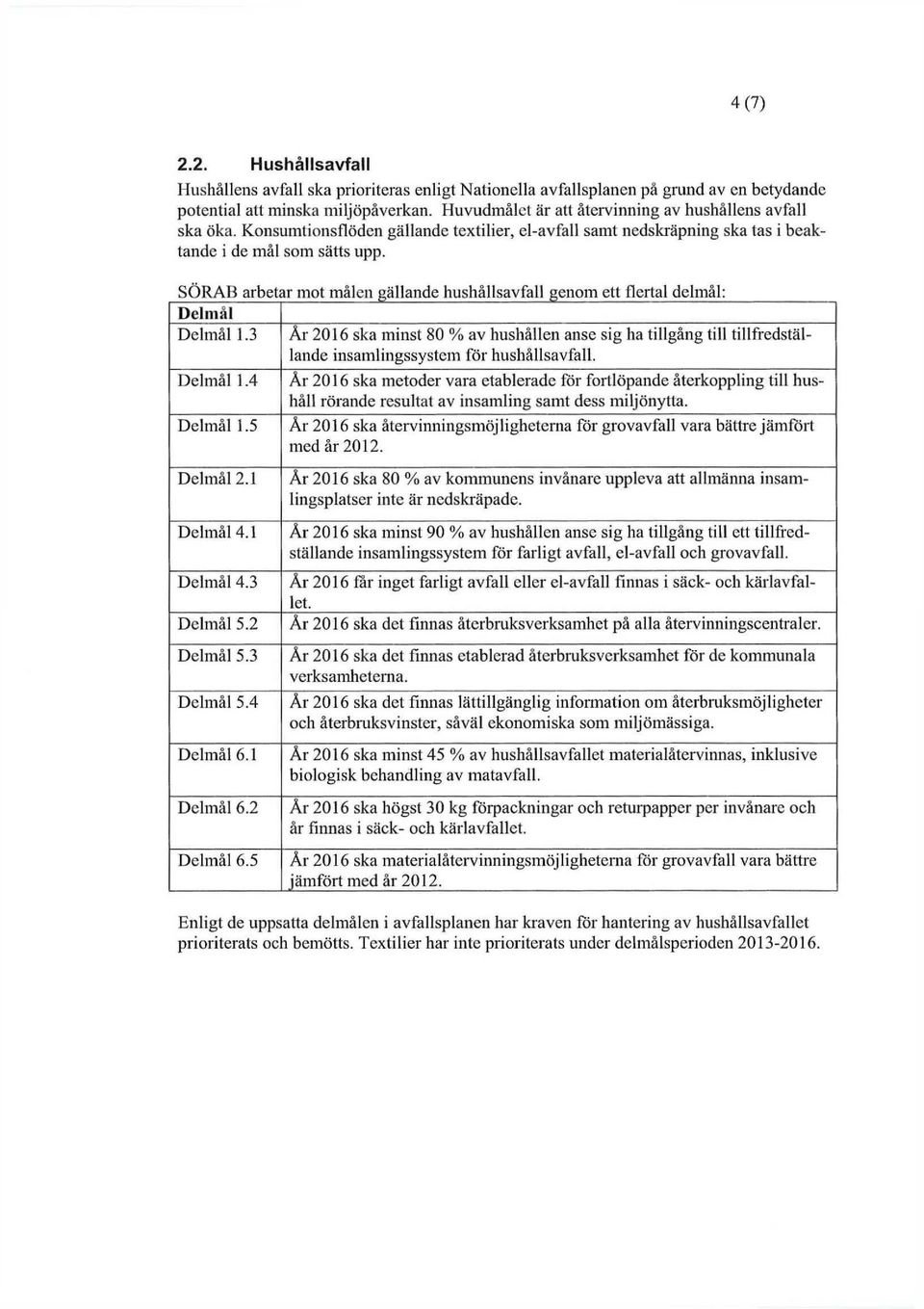 SÖRAB arbetar mot målen gällande hushållsavfall genom ett flertal delmål: Delmål Delmål 1.