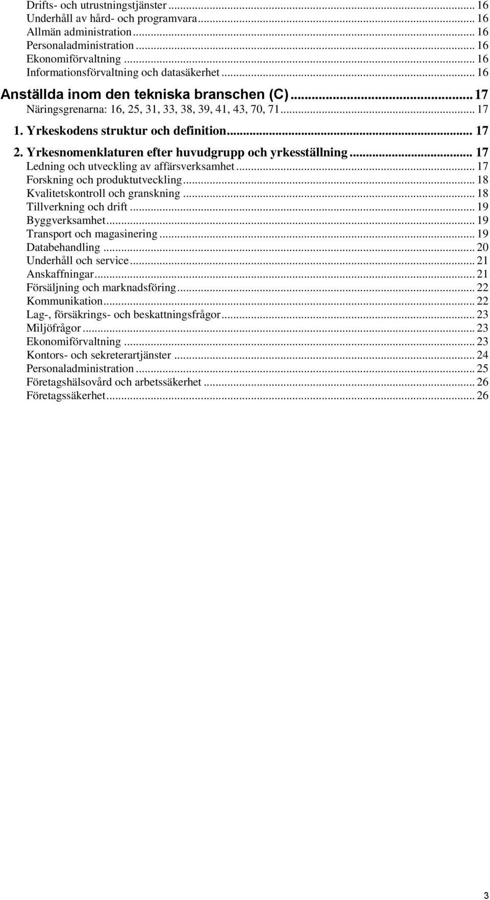 Yrkesnomenklaturen efter huvudgrupp och yrkesställning... 17 Ledning och utveckling av affärsverksamhet... 17 Forskning och produktutveckling... 18 Kvalitetskontroll och granskning.