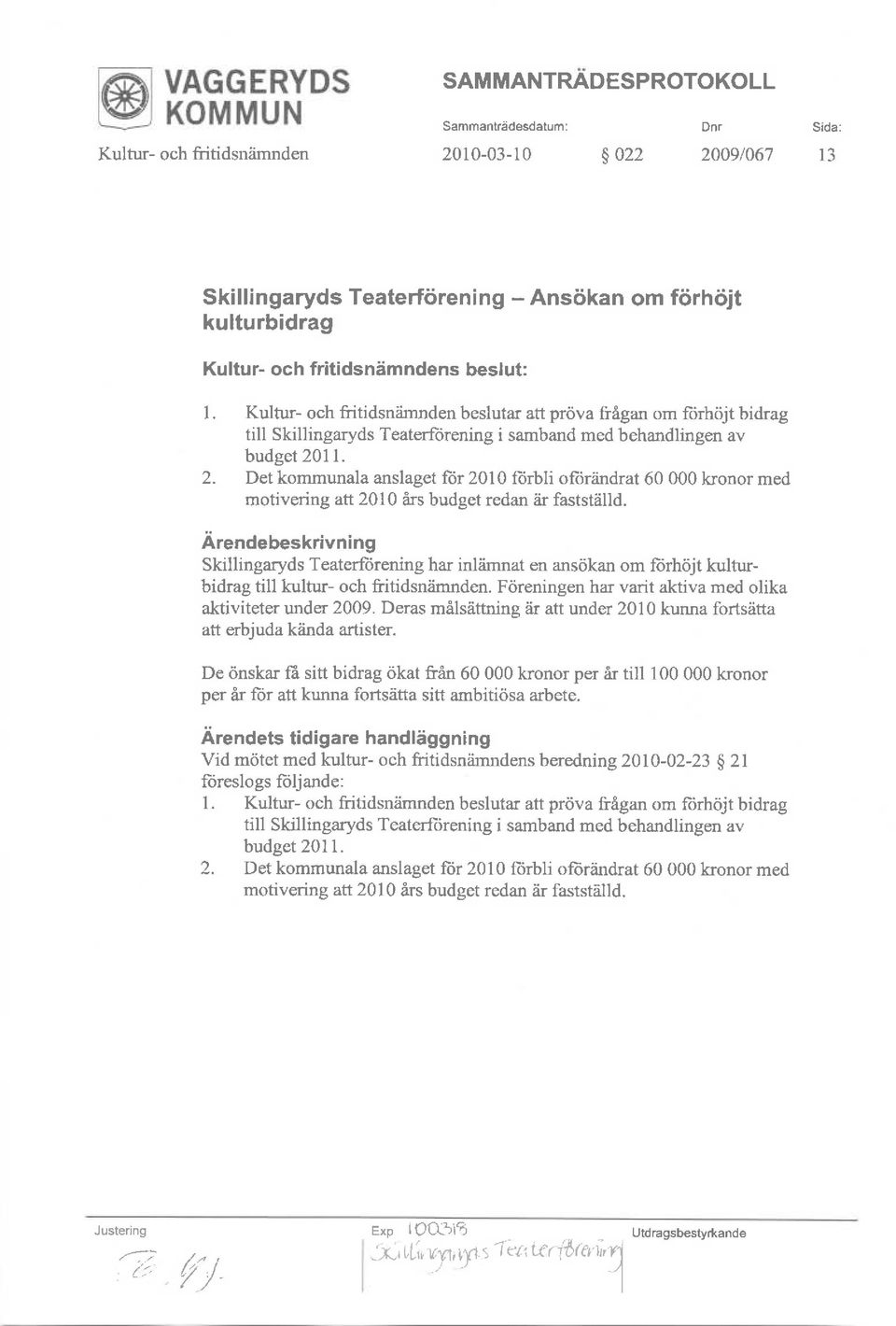 1 1. 2. Det kmmunala anslaget ftir 2010 fijrbli ftiriindrat 60 000 krnr med mtivering aft 2010 drs budget redan iir faststiilld.