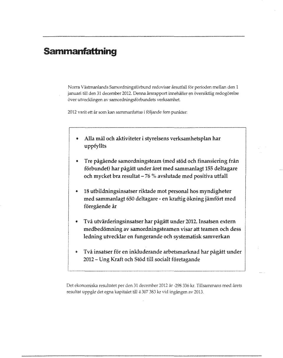 2012 varit ett år som kan sammanfattas i föjande fem punkter: Aa må och aktiviteter i styresens verksamhetspan har uppfyts Tre pågående samordningsteam (med stöd och finansiering från förbundet) har