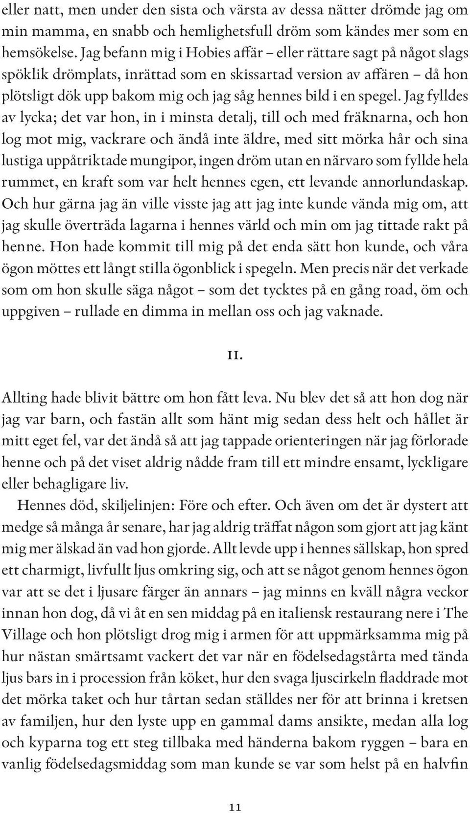 Jag fylldes av lycka; det var hon, in i minsta detalj, till och med fräknarna, och hon log mot mig, vackrare och ändå inte äldre, med sitt mörka hår och sina lustiga uppåtriktade mungipor, ingen dröm