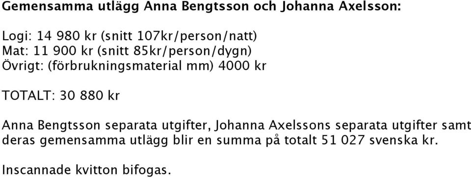 mm) 4000 kr TOTALT: 30 880 kr Anna Bengtsson separata utgifter, Johanna Axelssons separata