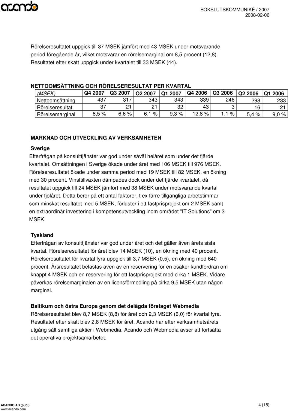 NETTOOMSÄTTNING OCH RÖRELSERESULTAT PER KVARTAL (MSEK) Q4 2007 Q3 2007 Q2 2007 Q1 2007 Q4 2006 Q3 2006 Q2 2006 Q1 2006 Nettoomsättning 437 317 343 343 339 246 298 233 Rörelseresultat 37 21 21 32 43 3