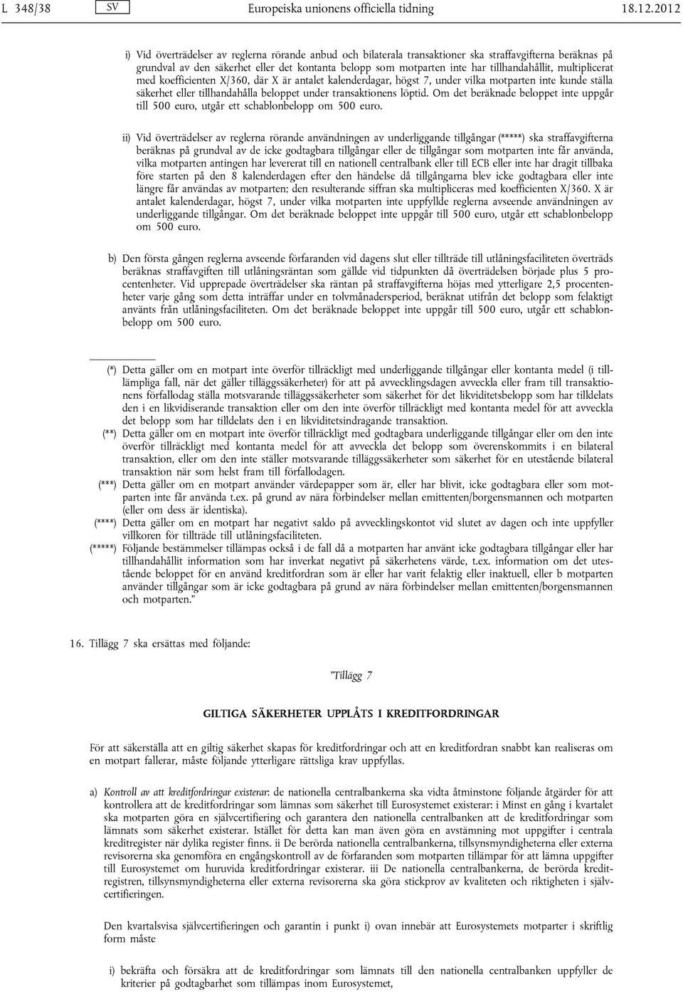 tillhandahållit, multiplicerat med koefficienten X/360, där X är antalet kalenderdagar, högst 7, under vilka motparten inte kunde ställa säkerhet eller tillhandahålla beloppet under transaktionens