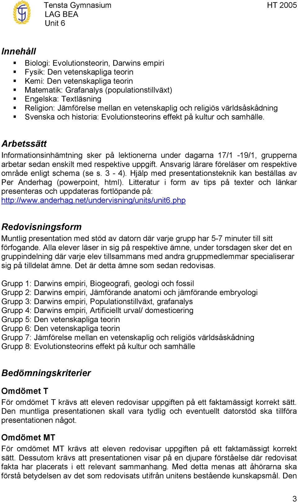 Ansvarig lärare föreläser om respektive område enligt schema (se s. 3-4). Hjälp med presentationsteknik kan beställas av Per Anderhag (powerpoint, html).