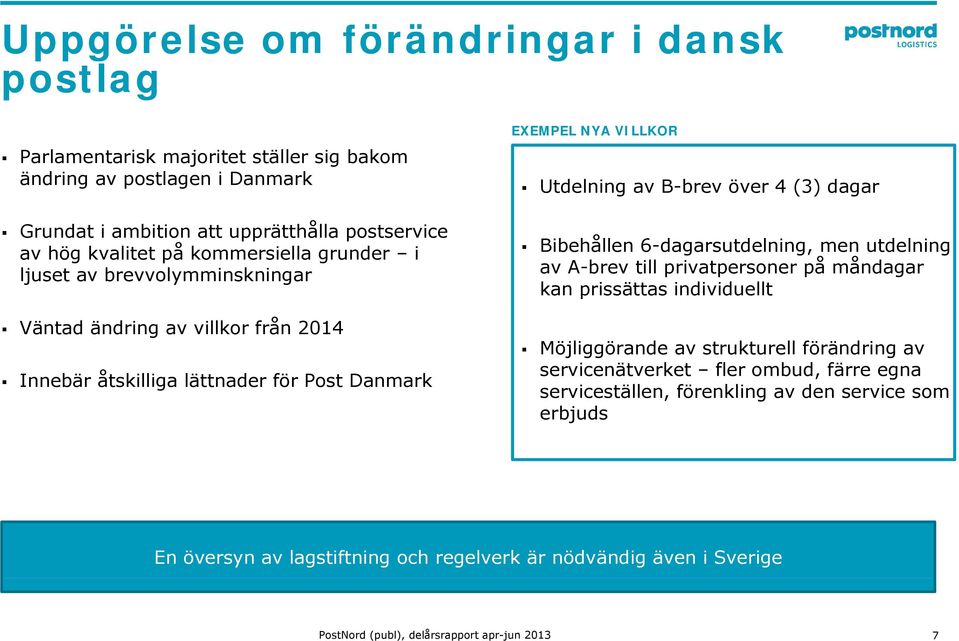 Utdelning av B-brev över 4 (3) dagar Bibehållen 6-dagarsutdelning, men utdelning av A-brev till privatpersoner på måndagar kan prissättas individuellt Möjliggörande av