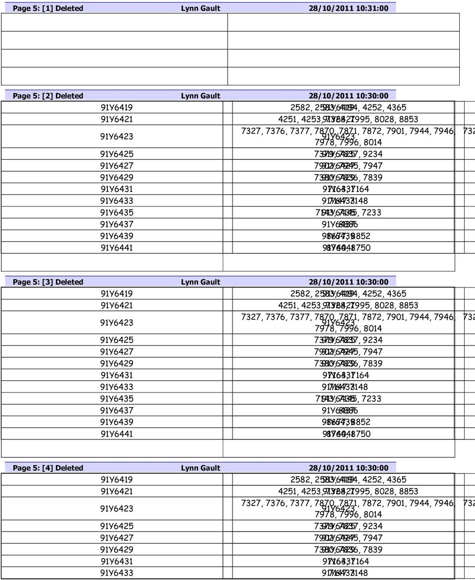 91Y6437 8886 91Y6439 91Y6439 8677, 8852 91Y6441 91Y6441 8740, 8750 732 Page 5: [3] Deleted Lynn Gault 28/10/2011 10:30:00 91Y6419 2582, 2583, 91Y6419 4194, 4252, 4365 91Y6421 4251, 4253, 91Y6421