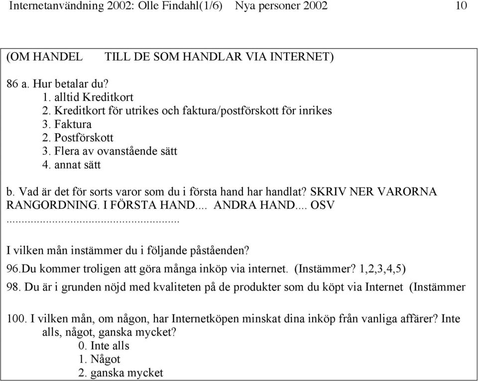 SKRIV NER VARORNA RANGORDNING. I FÖRSTA HAND... ANDRA HAND... OSV... I vilken mån instämmer du i följande påståenden? 96.Du kommer troligen att göra många inköp via internet. (Instämmer?