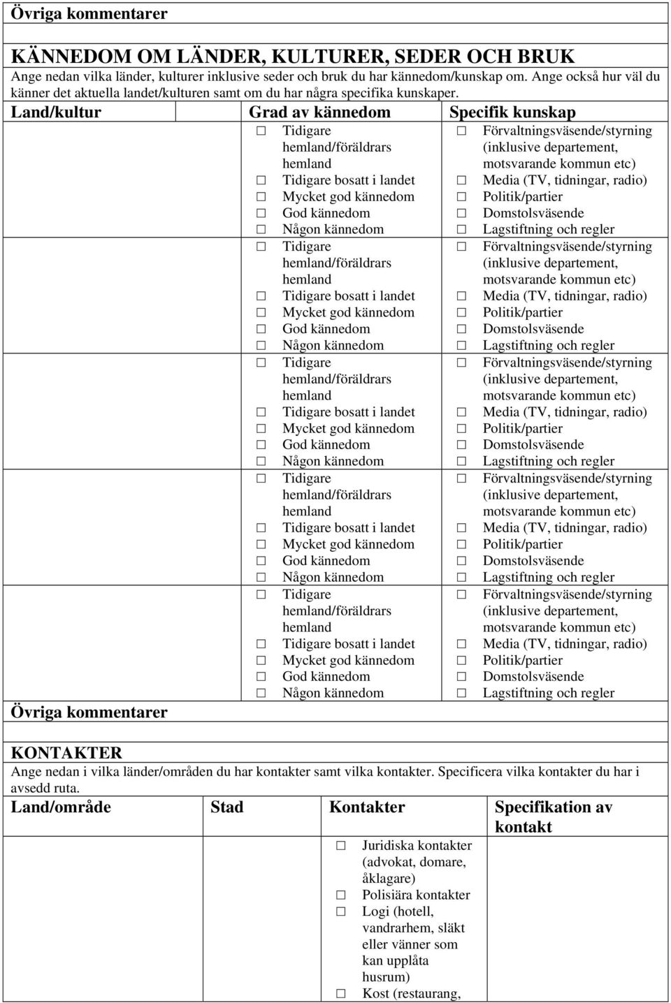 Land/kultur Grad av kännedom Specifik kunskap KONTAKTER Ange nedan i vilka länder/områden du har kontakter samt vilka