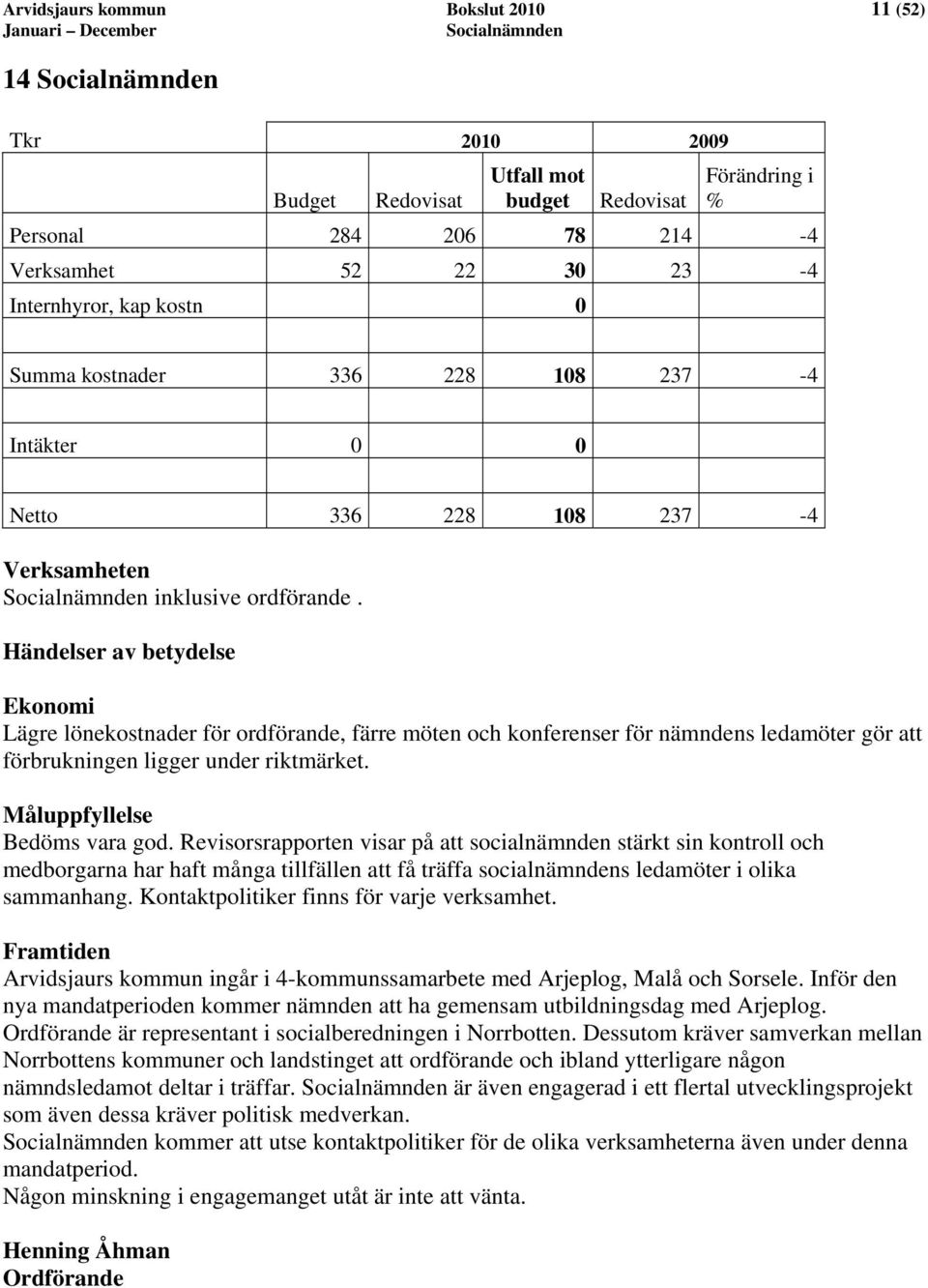 Händelser av betydelse Ekonomi Lägre lönekostnader för ordförande, färre möten och konferenser för nämndens ledamöter gör att förbrukningen ligger under riktmärket. Måluppfyllelse Bedöms vara god.