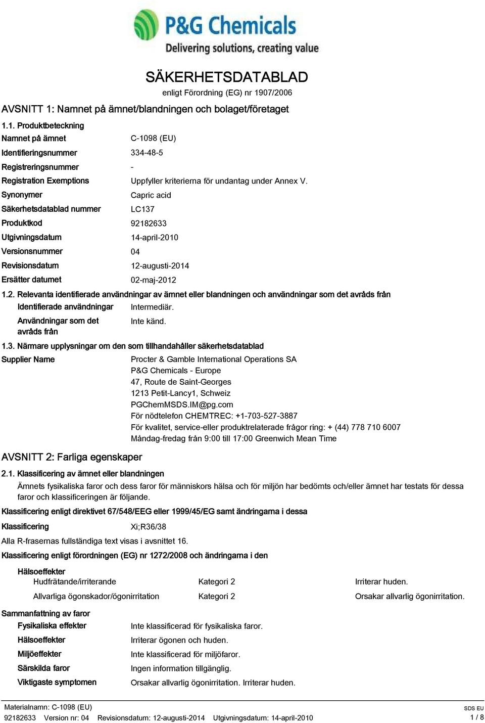 Synonymer Säkerhetsdatablad nummer Capric acid LC137 Produktkod 921