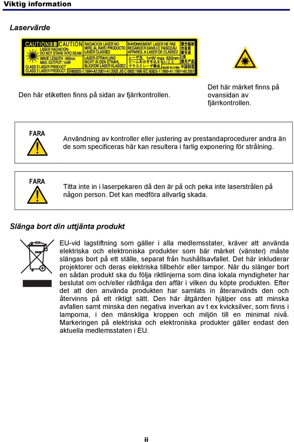 FARA Titta inte in i laserpekaren då den är på och peka inte laserstrålen på någon person. Det kan medföra allvarlig skada.