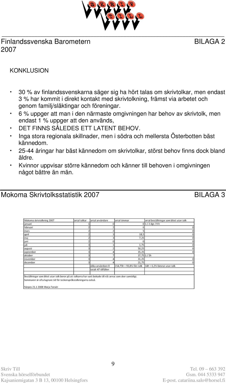 6 % uppger att man i den närmaste omgivningen har behov av skrivtolk, men endast 1 % uppger att den används, DET FINNS SÅLEDES ETT LATENT BEHOV.