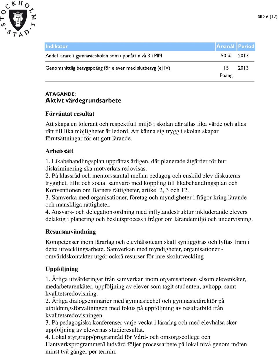 Likabehandlingsplan upprättas årligen, där planerade åtgärder för hur diskriminering ska motverkas redovisas. 2.