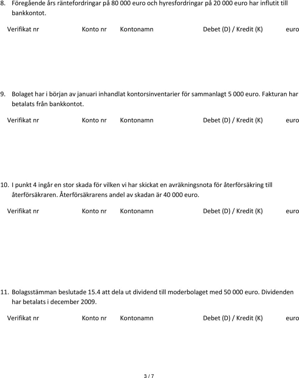 I punkt 4 ingår en stor skada för vilken vi har skickat en avräkningsnota för återförsäkring till återförsäkraren.