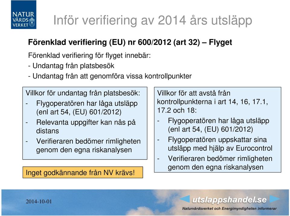 Verifieraren bedömer rimligheten genom den egna riskanalysen Inget godkännande från NV krävs! Villkor för att avstå från kontrollpunkterna i art 14, 16, 17.1, 17.