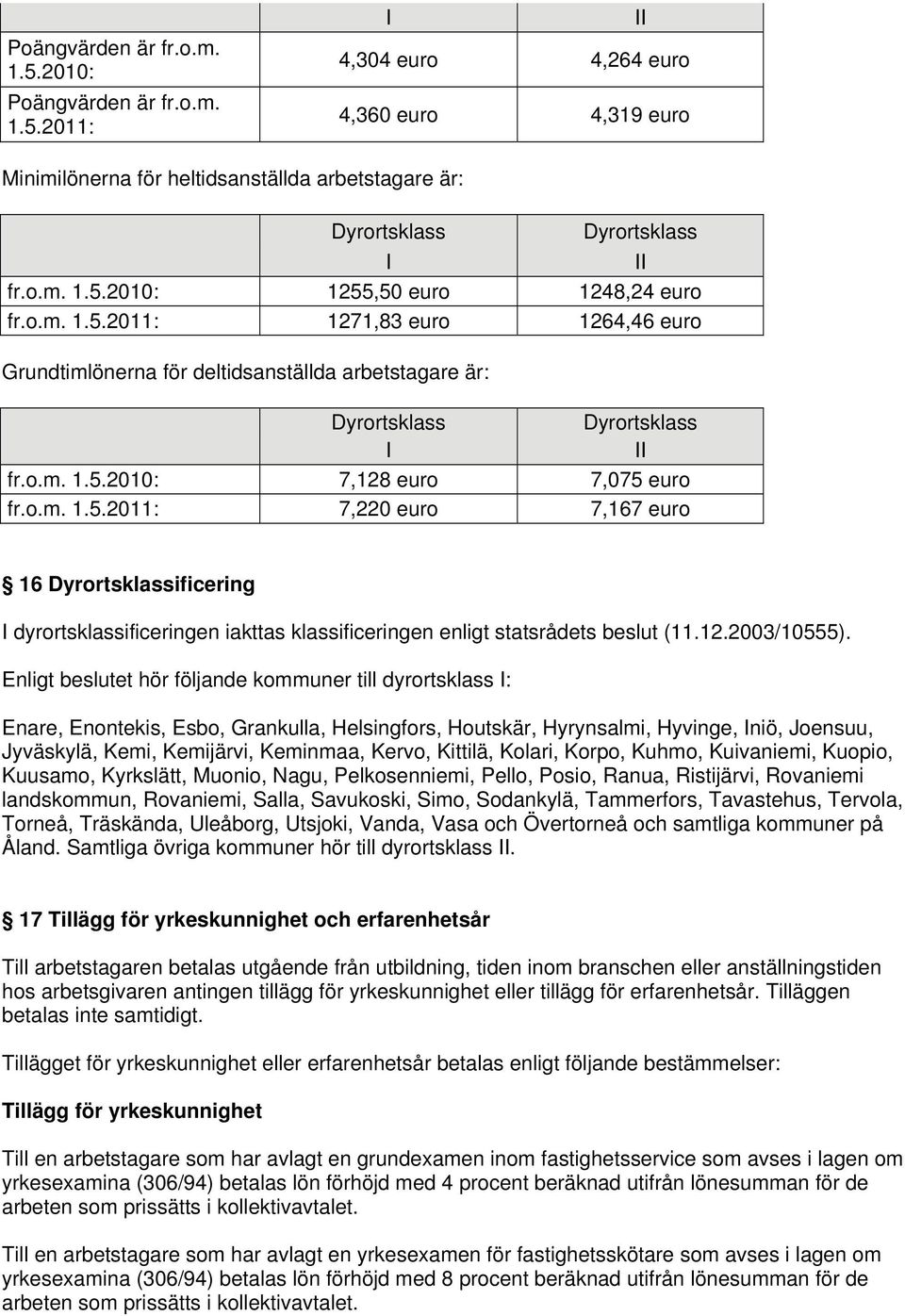 o.m. 1.5.2011: 7,220 euro 7,167 euro 16 Dyrortsklassificering I dyrortsklassificeringen iakttas klassificeringen enligt statsrådets beslut (11.12.2003/10555).