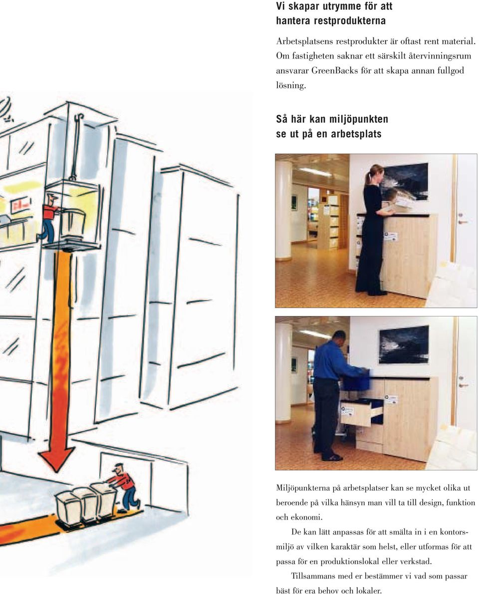 Så här kan miljöpunkten se ut på en arbetsplats Miljöpunkterna på arbetsplatser kan se mycket olika ut beroende på vilka hänsyn man vill ta till design,