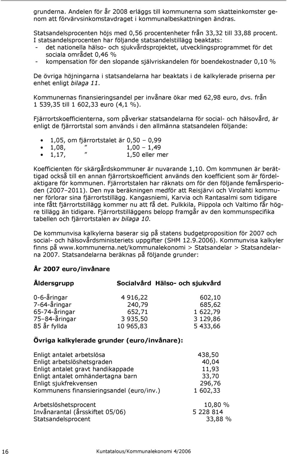 I statsandelsprocenten har följande statsandelstillägg beaktats: - det nationella hälso- och sjukvårdsprojektet, utvecklingsprogrammet för det sociala området 0,46 % - kompensation för den slopande