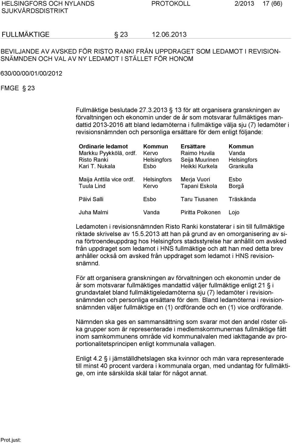 att organisera granskningen av förvaltningen och ekonomin under de år som motsvarar fullmäktiges mandattid 2013-2016 att bland ledamöterna i fullmäktige välja sju (7) ledamöter i revisionsnämnden och