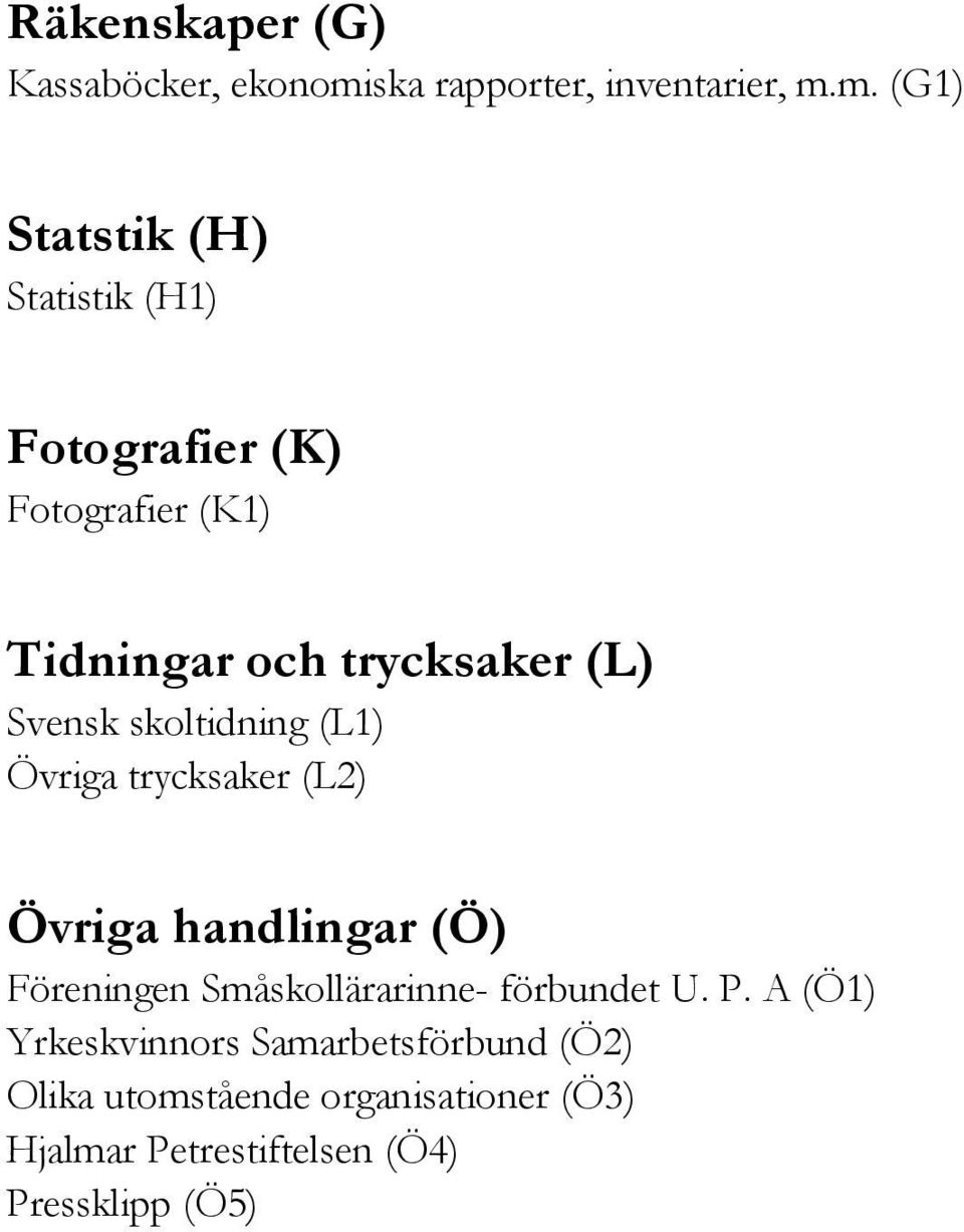 m. (G1) Statstik (H) Statistik (H1) Fotografier (K) Fotografier (K1) Tidningar och trycksaker (L)