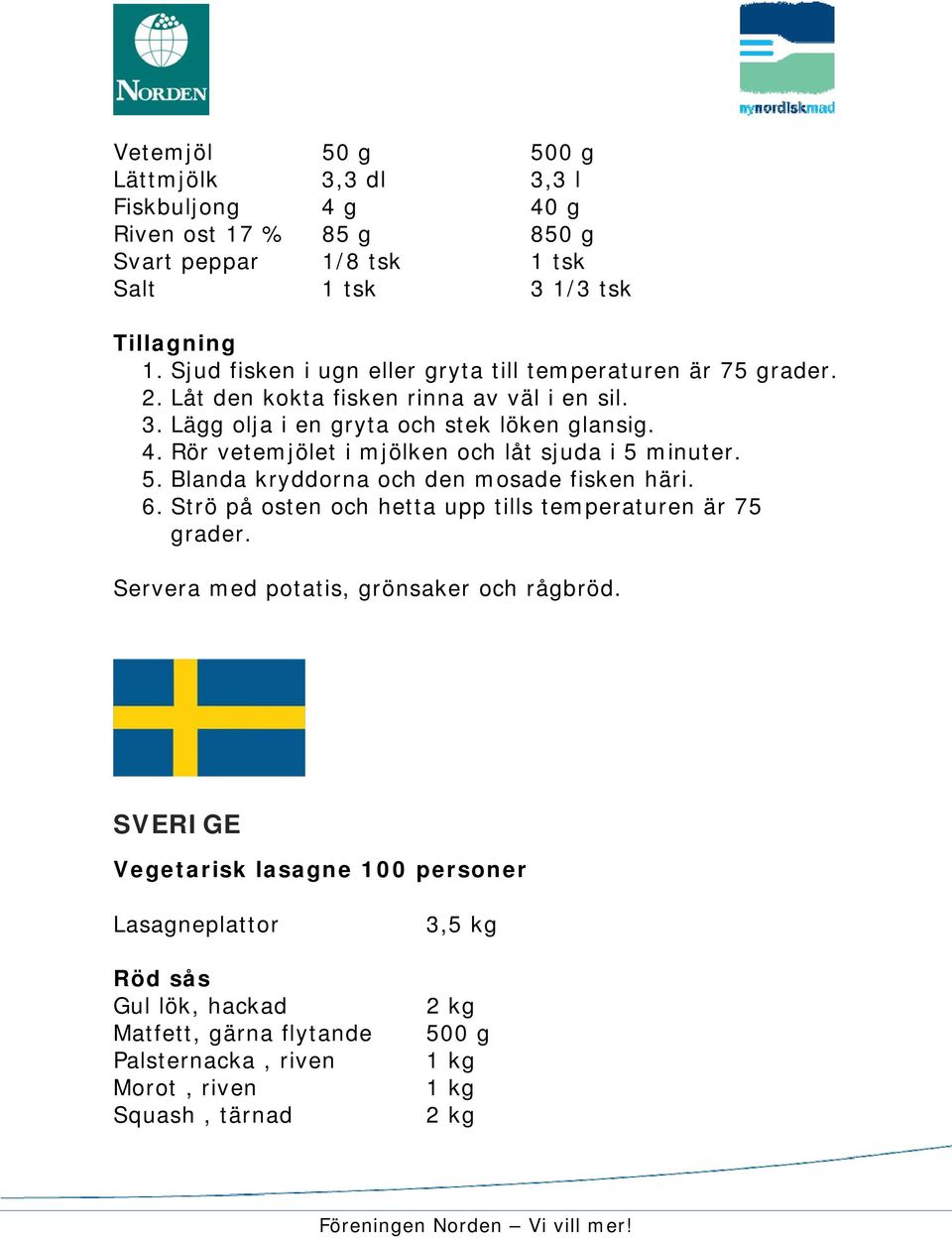 Rör vetemjölet i mjölken och låt sjuda i 5 minuter. 5. Blanda kryddorna och den mosade fisken häri. 6. Strö på osten och hetta upp tills temperaturen är 75 grader.