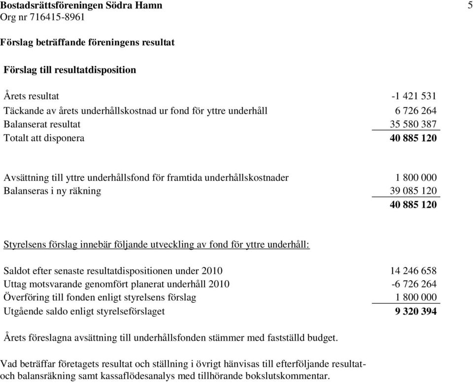 följande utveckling av fond för yttre underhåll: Saldot efter senaste resultatdispositionen under 2010 14 246 658 Uttag motsvarande genomfört planerat underhåll 2010-6 726 264 Överföring till fonden