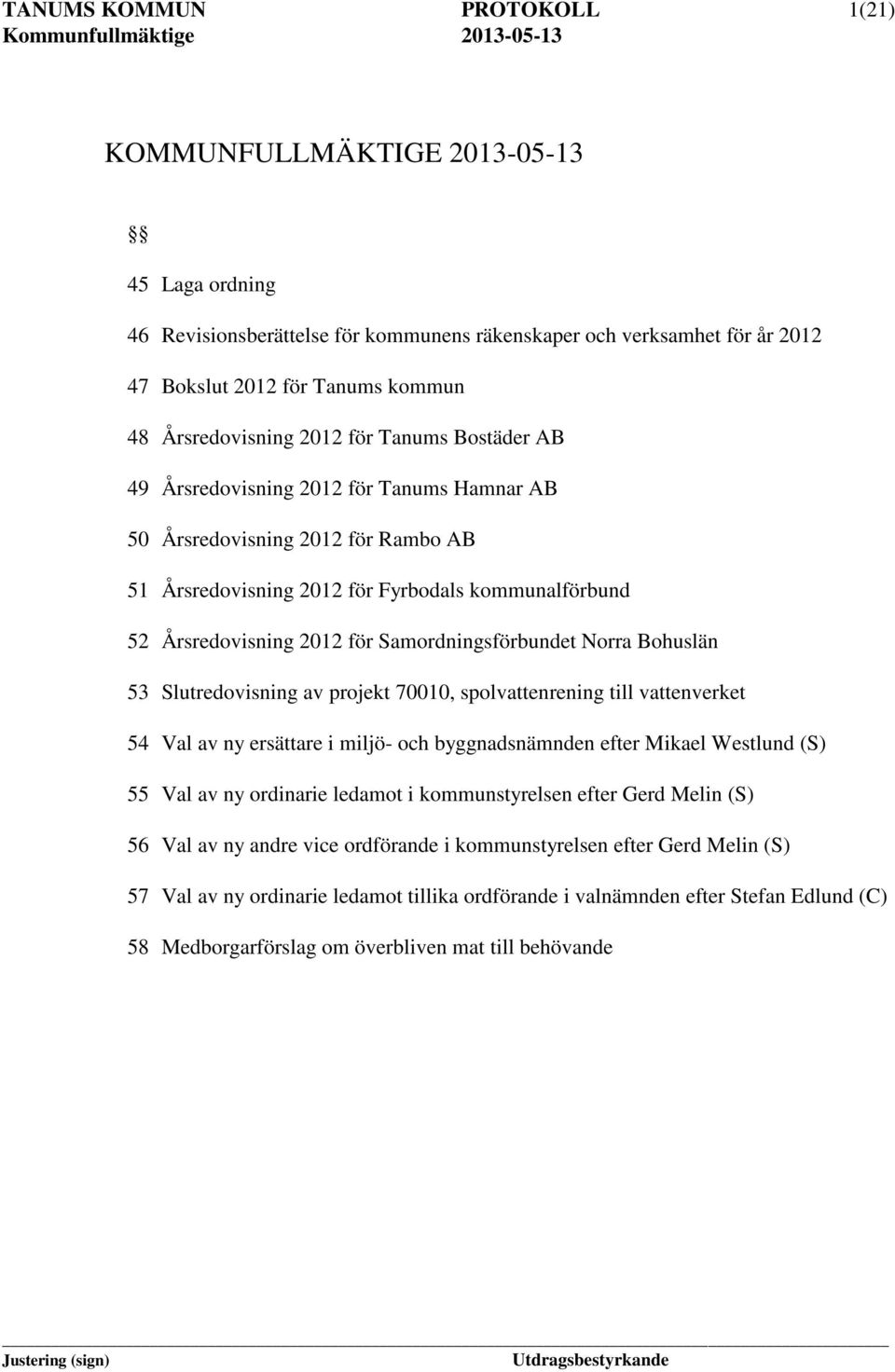 Samordningsförbundet orra Bohuslän 53 Slutredovisning av projekt 70010, spolvattenrening till vattenverket 54 Val av ny ersättare i miljö- och byggnadsnämnden efter Mikael Westlund (S) 55 Val av ny