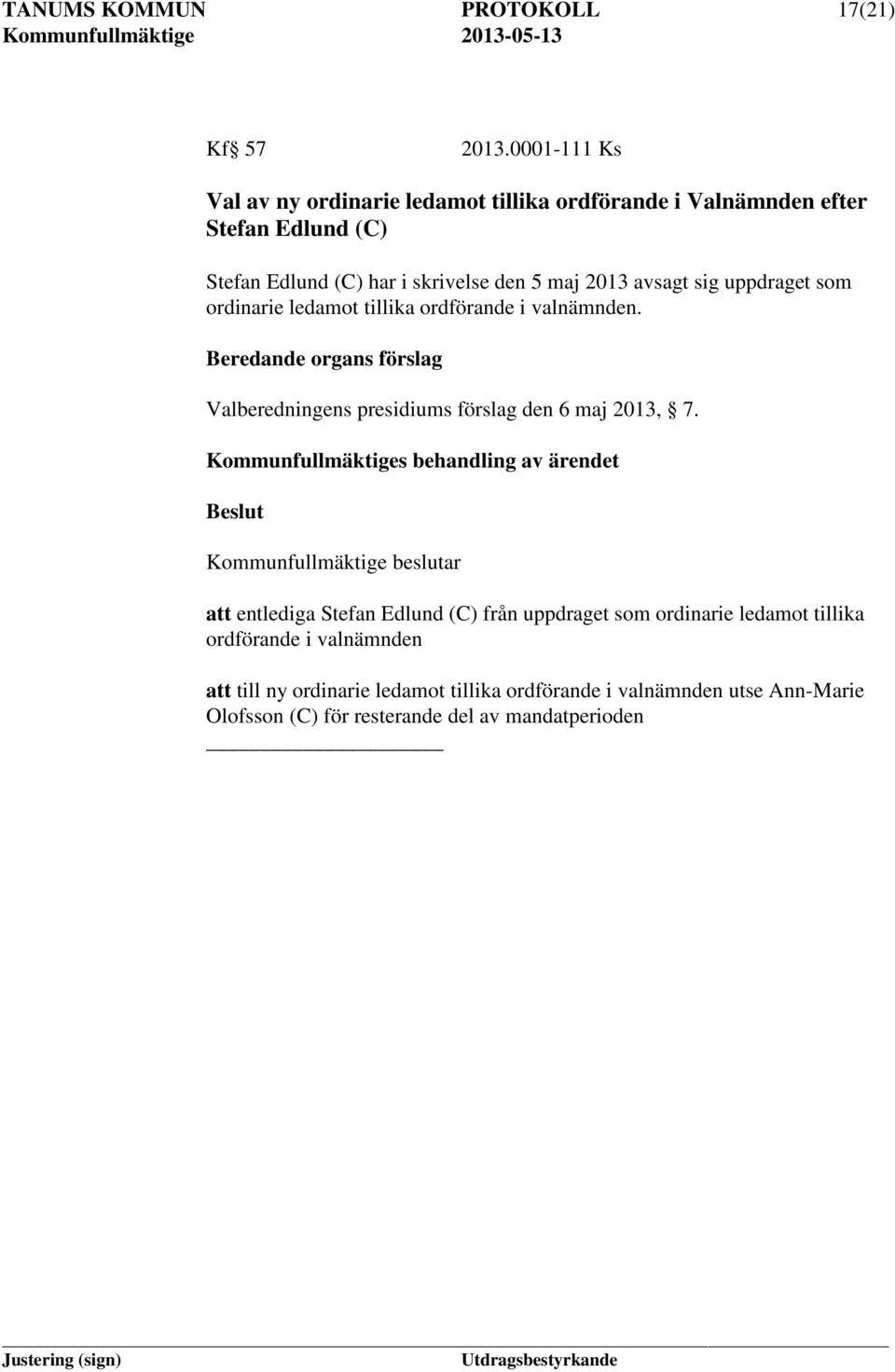 2013 avsagt sig uppdraget som ordinarie ledamot tillika ordförande i valnämnden. Valberedningens presidiums förslag den 6 maj 2013, 7.