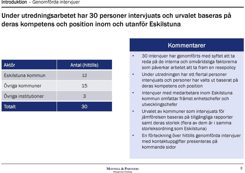 en resepolicy Under utredningen har ett flertal personer intervjuats och personer har valts ut baserat på deras kompetens och position Intervjuer med medarbetare inom Eskilstuna kommun omfattar