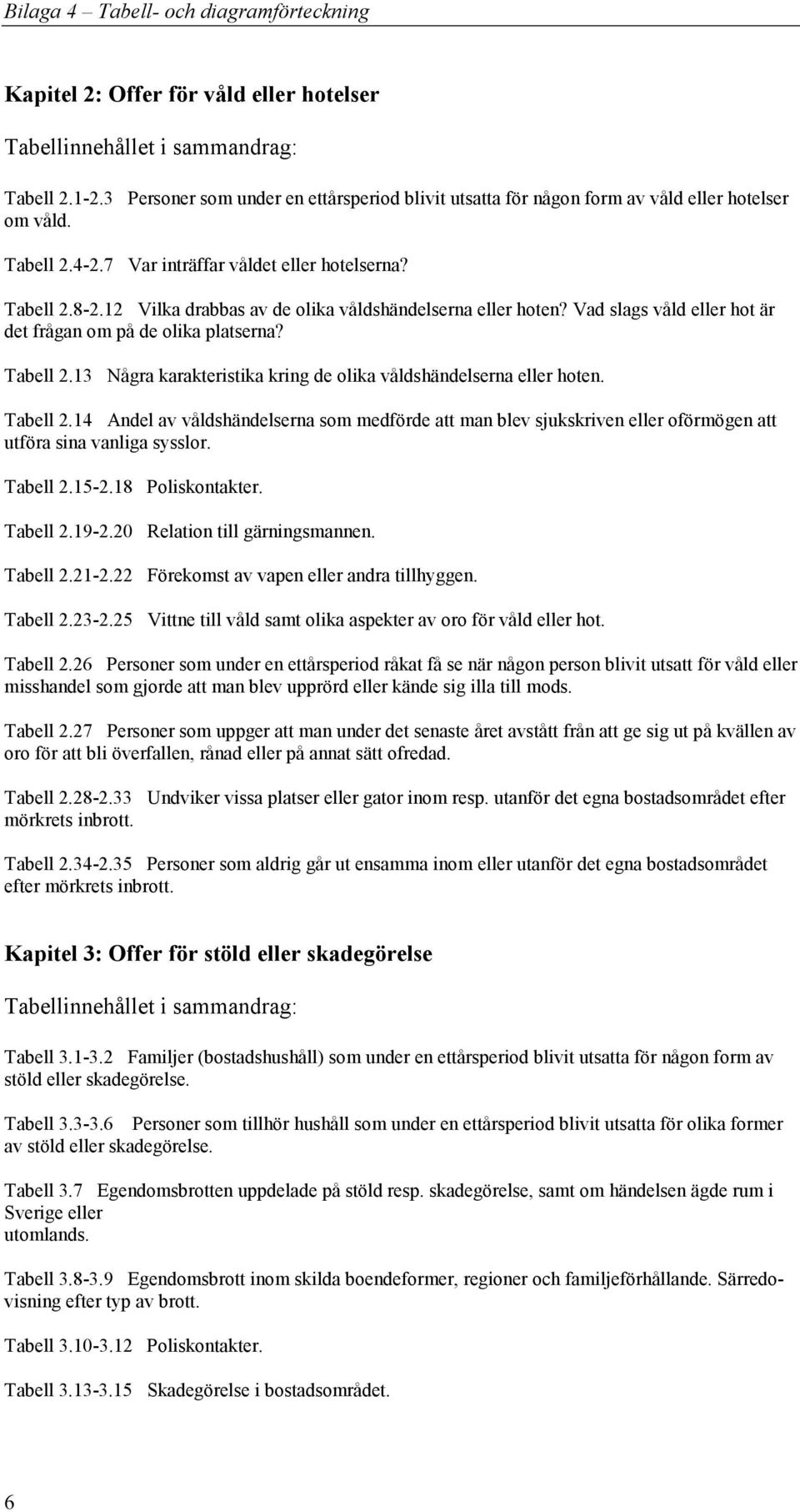 Tabell 2.14 Andel av våldshändelserna som medförde att man blev sjukskriven eller oförmögen att utföra sina vanliga sysslor. Tabell 2.15-2.18 Poliskontakter. Tabell 2.19-2.