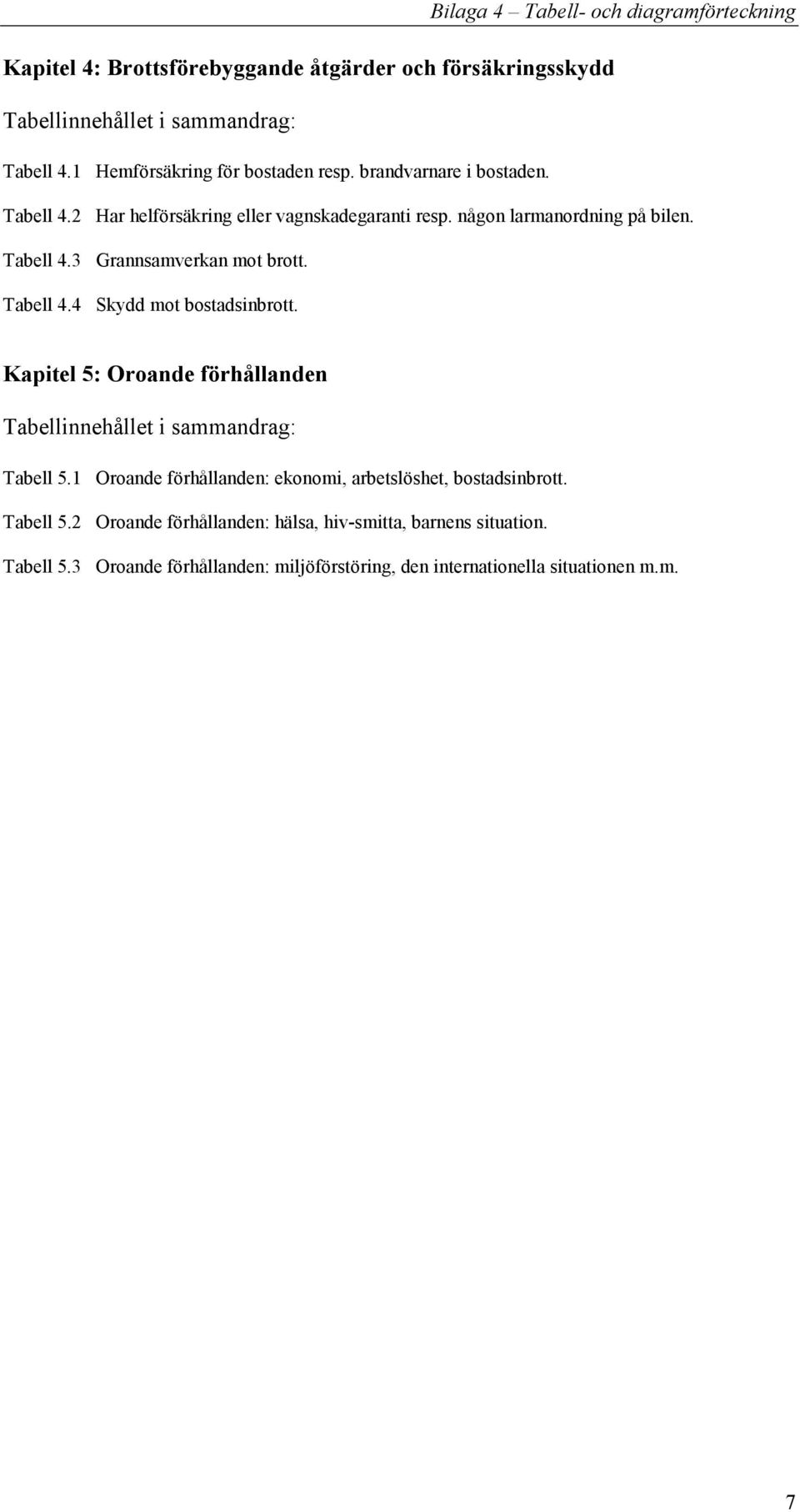Kapitel 5: Oroande förhållanden Tabell 5.1 Oroande förhållanden: ekonomi, arbetslöshet, bostadsinbrott. Tabell 5.2 Oroande förhållanden: hälsa, hiv-smitta, barnens situation.