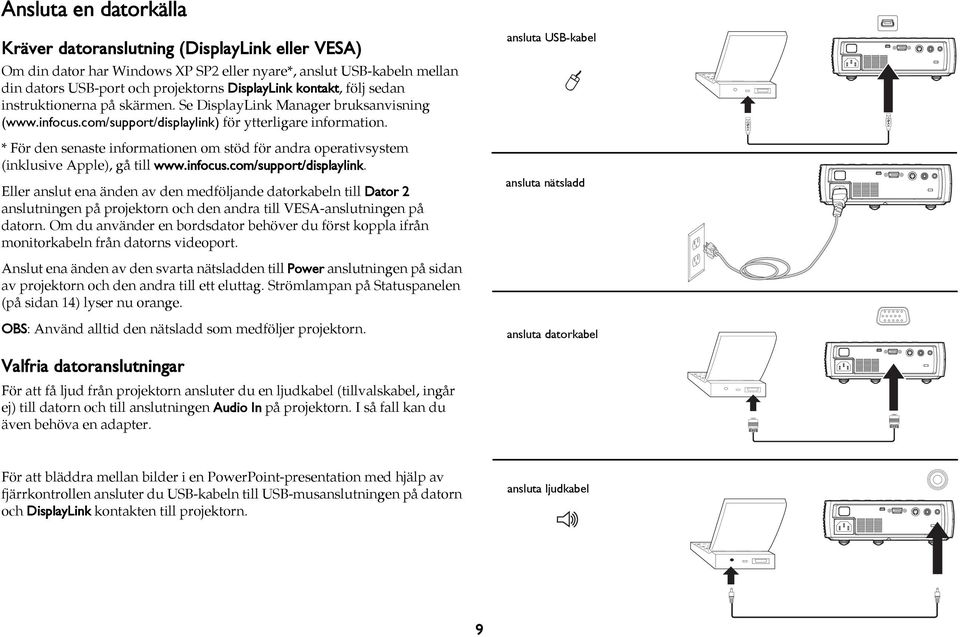 * För den senaste informationen om stöd för andra operativsystem (inklusive pple), gå till www.infocus.com/support/displaylink.