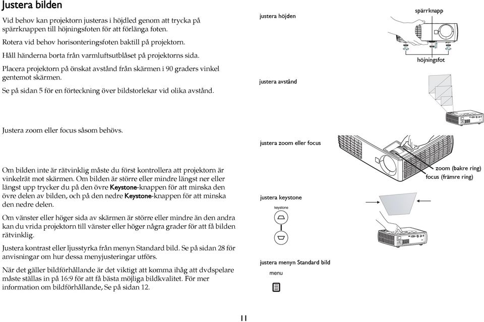 Se på sidan 5 för en förteckning över bildstorlekar vid olika avstånd. justera höjden justera avstånd spärrknapp höjningsfot Justera zoom eller focus såsom behövs.