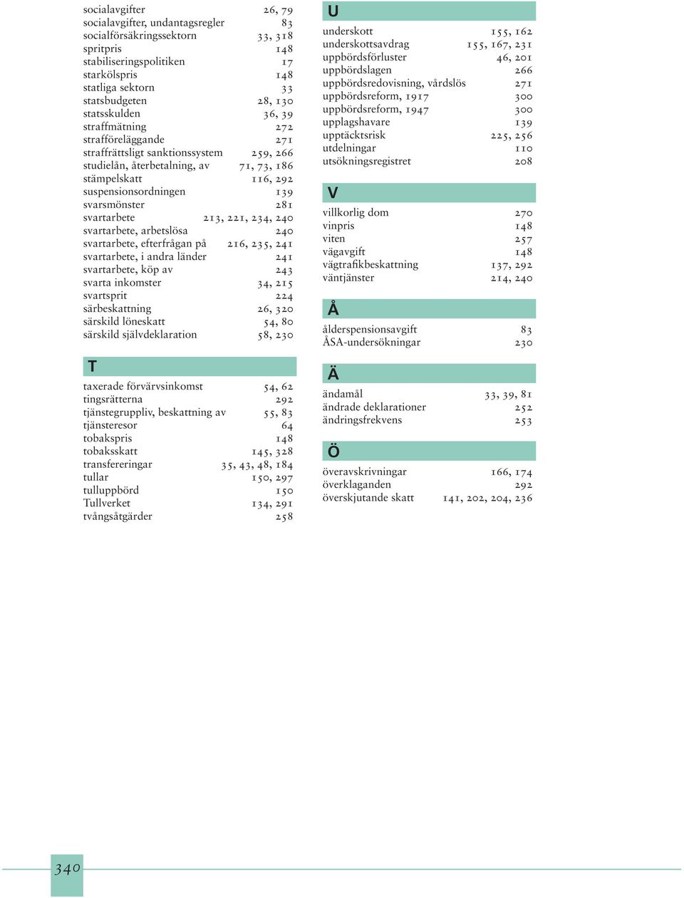 svarsmönster 281 svartarbete 213, 221, 234, 240 svartarbete, arbetslösa 240 svartarbete, efterfrågan på 216, 235, 241 svartarbete, i andra länder 241 svartarbete, köp av 243 svarta inkomster 34, 215