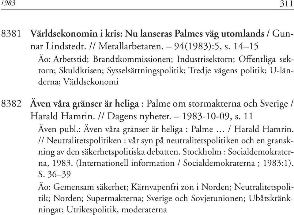Palme om stormakterna och Sverige / Harald Hamrin. // Dagens nyheter. 1983-10-09, s. 11 Även publ.: Även våra gränser är heliga : Palme / Harald Hamrin.