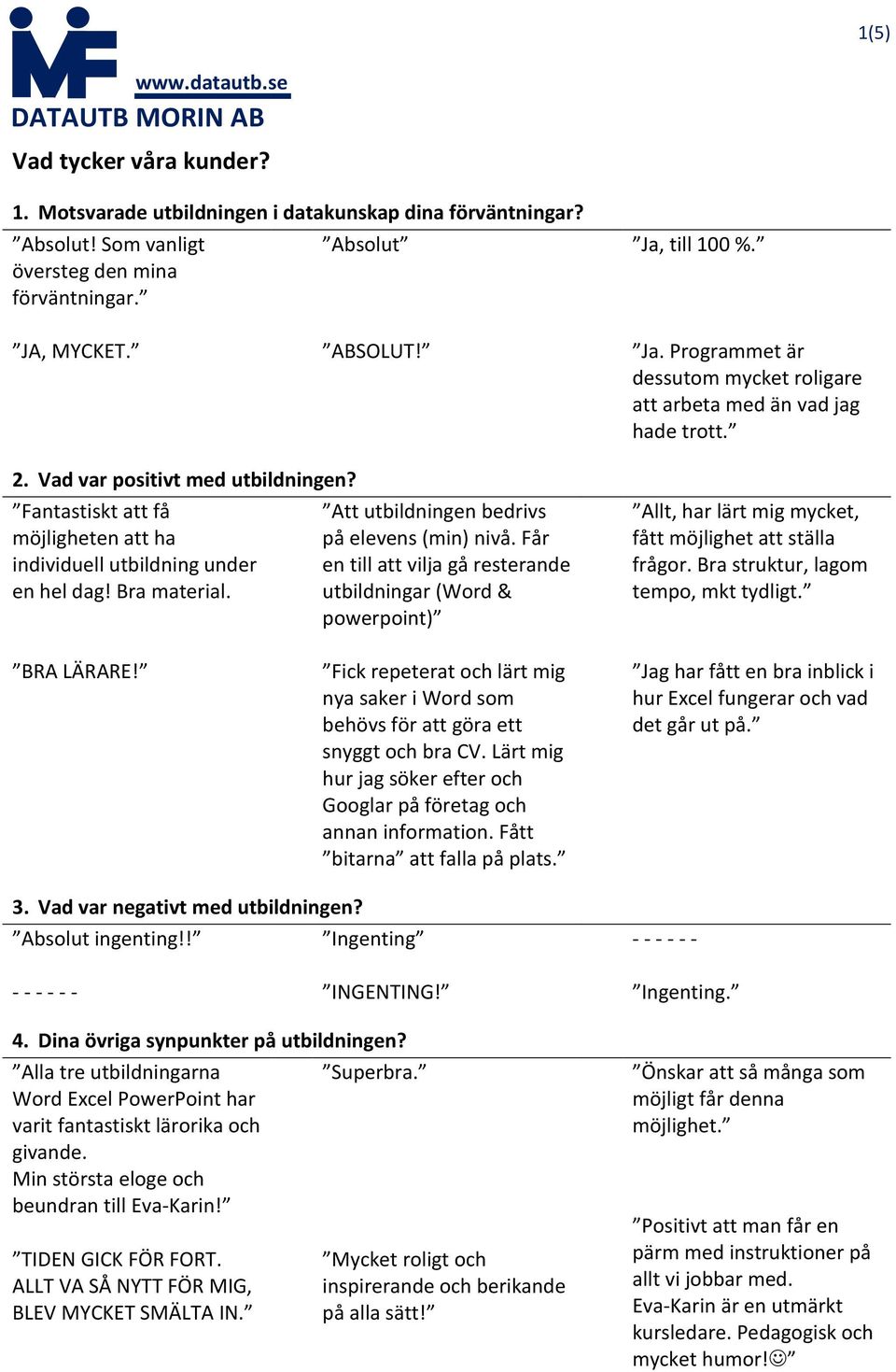 Får en till att vilja gå resterande utbildningar (Word & powerpoint) Allt, har lärt mig mycket, fått möjlighet att ställa frågor. Bra struktur, lagom tempo, mkt tydligt. BRA LÄRARE!