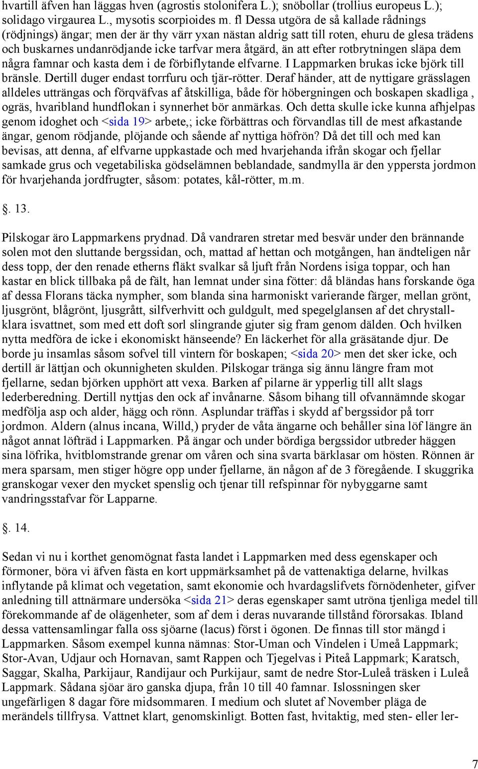 efter rotbrytningen släpa dem några famnar och kasta dem i de förbiflytande elfvarne. I Lappmarken brukas icke björk till bränsle. Dertill duger endast torrfuru och tjär-rötter.