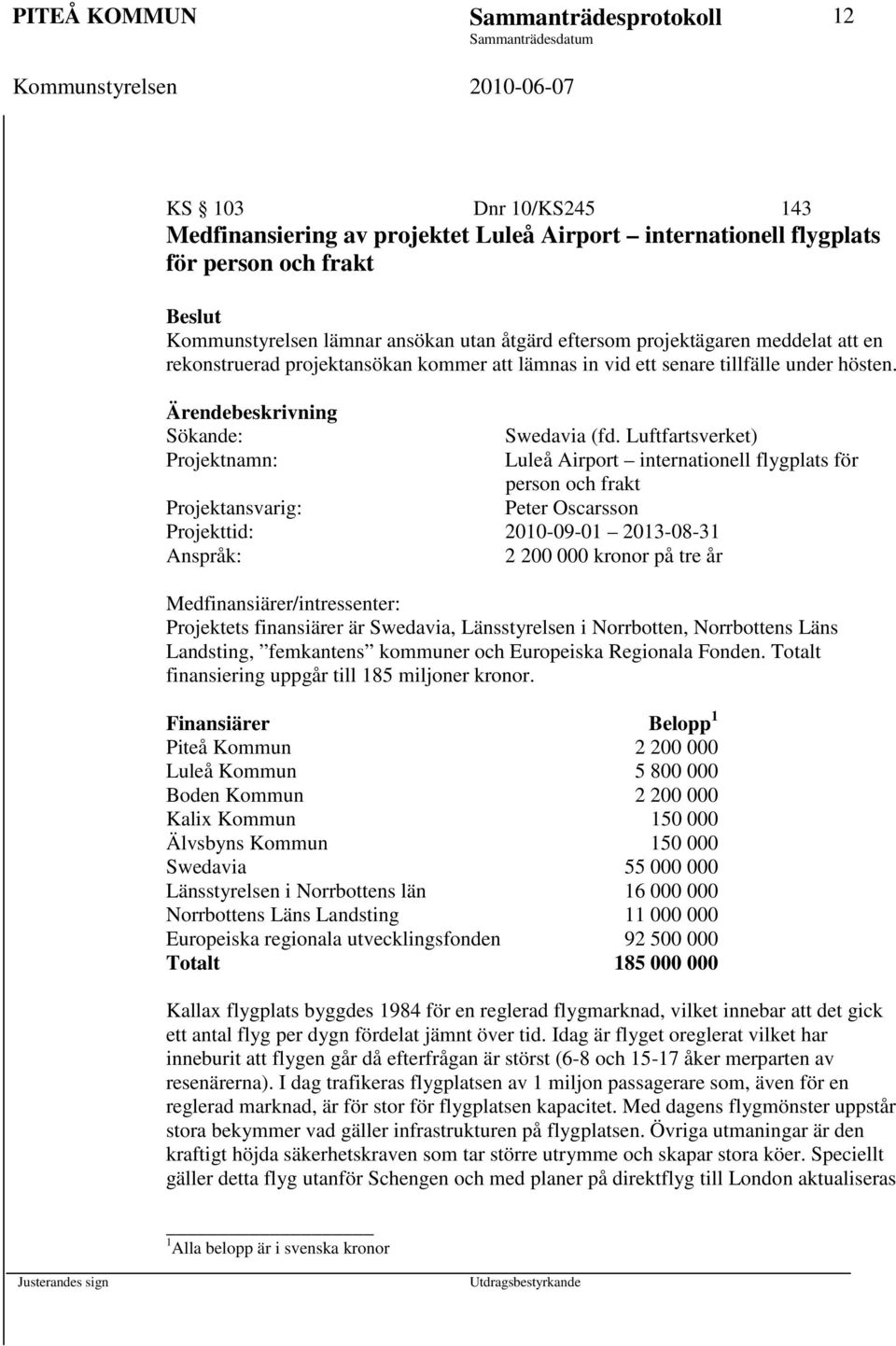 Luftfartsverket) Luleå Airport internationell flygplats för person och frakt Peter Oscarsson Projektansvarig: Projekttid: 2010-09-01 2013-08-31 Anspråk: 2 200 000 kronor på tre år