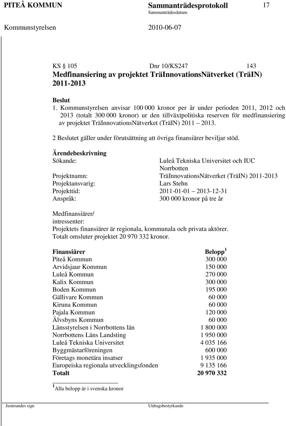 (TräIN) 2011 2013. 2 Beslutet gäller under förutsättning att övriga finansiärer beviljar stöd.