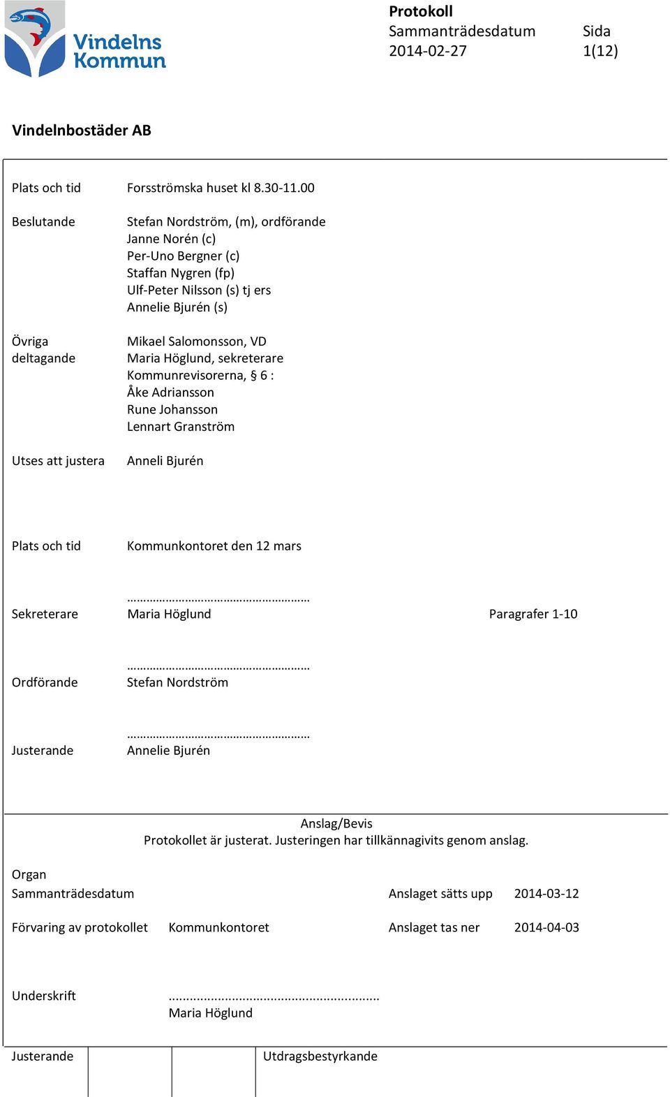 Salomonsson, VD Maria Höglund, sekreterare Kommunrevisorerna, 6 : Åke Adriansson Rune Johansson Lennart Granström Utses att justera Anneli Bjurén Plats och tid Kommunkontoret den 12