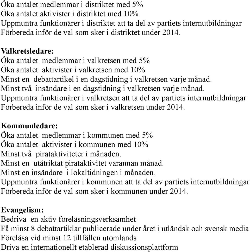 Minst två insändare i en dagstidning i valkretsen varje månad. Uppmuntra funktionärer i valkretsen att ta del av partiets internutbildningar Förbereda inför de val som sker i valkretsen under 2014.