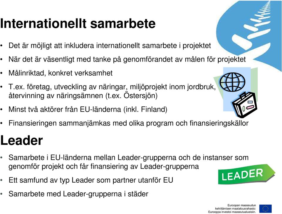 Finland) Finansieringen sammanjämkas med olika program och finansieringskällor Leader Samarbete i EU-länderna mellan Leader-grupperna och de instanser som genomför