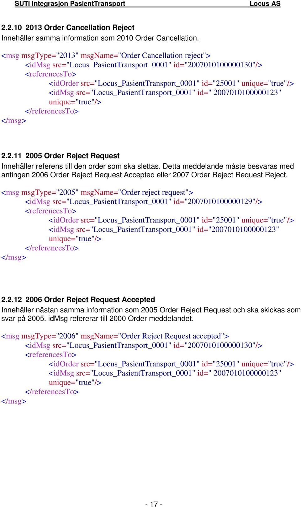 src="locus_pasienttransport_0001" id=" 2007010100000123" unique="true"/> 2.2.11 2005 Order Reject Request Innehåller referens till den order som ska slettas.
