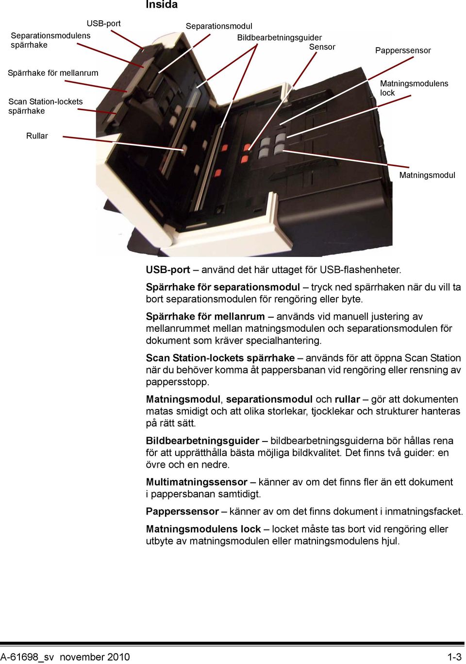 Spärrhake för mellanrum används vid manuell justering av mellanrummet mellan matningsmodulen och separationsmodulen för dokument som kräver specialhantering.