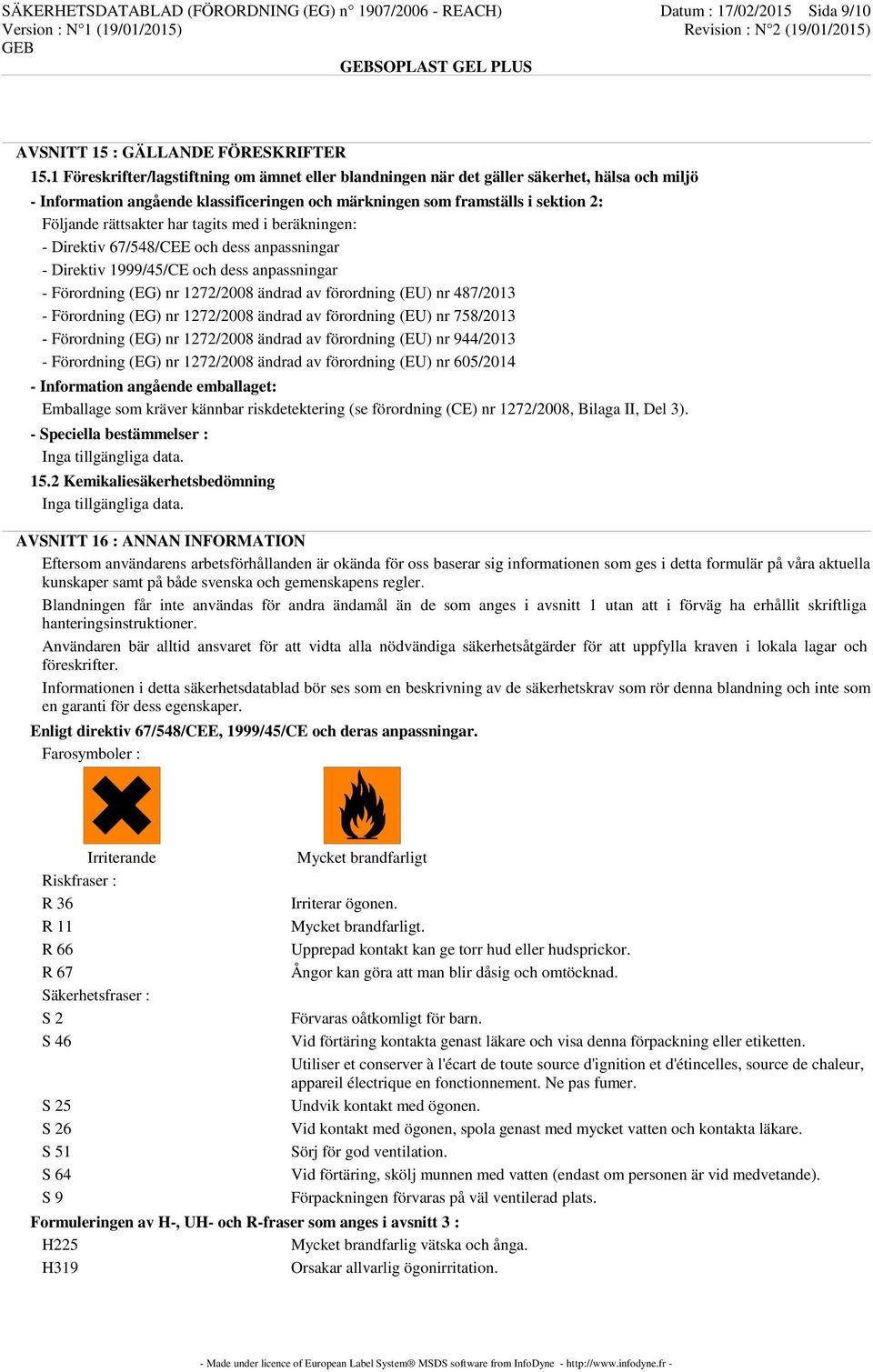 har tagits med i beräkningen: - Direktiv 67/548/CEE och dess anpassningar - Direktiv 1999/45/CE och dess anpassningar - Förordning (EG) nr 1272/2008 ändrad av förordning (EU) nr 487/2013 - Förordning