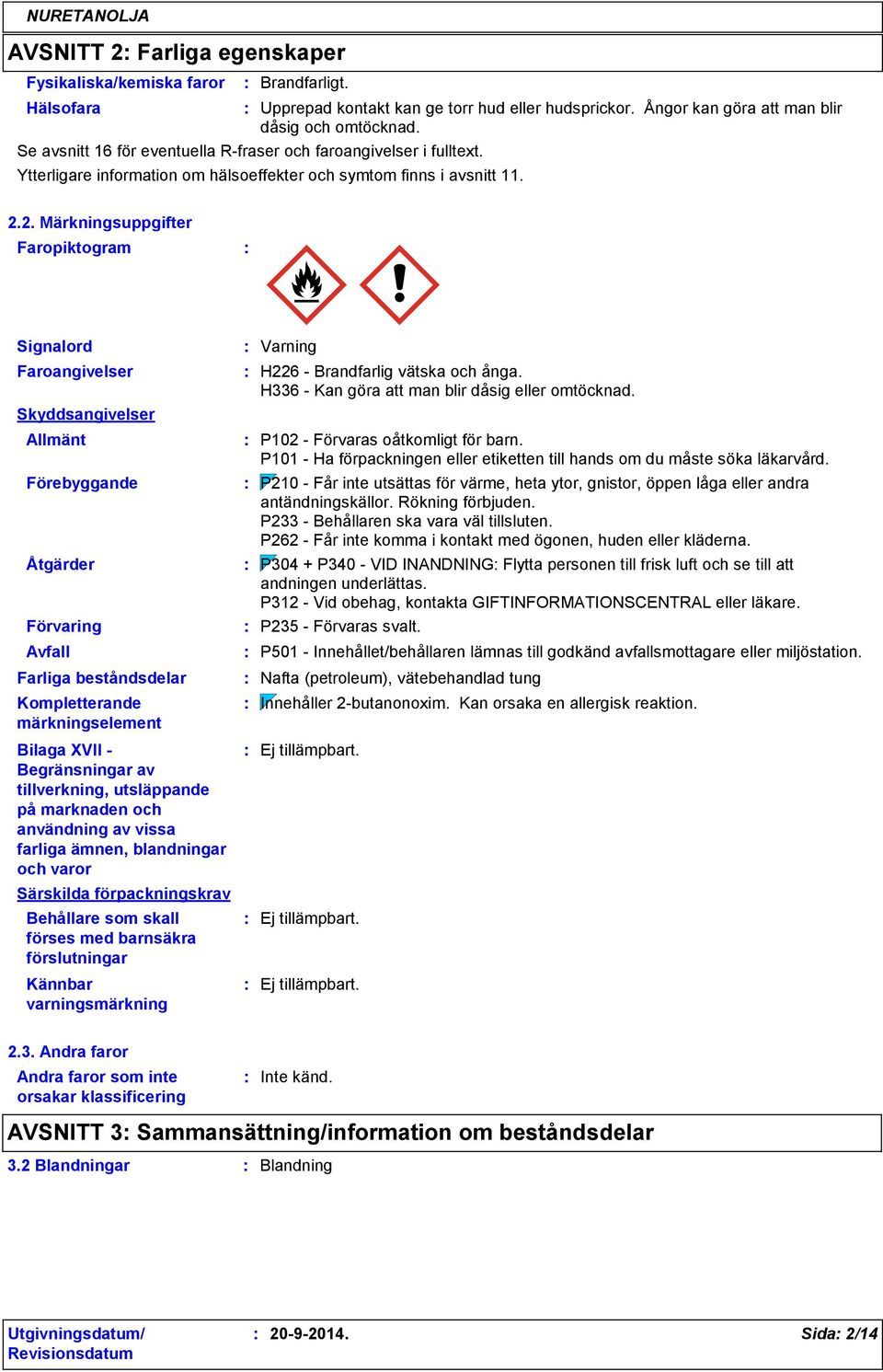 2. Märkningsuppgifter Faropiktogram Signalord Faroangivelser Skyddsangivelser Allmänt Förebyggande Åtgärder Förvaring Avfall Farliga beståndsdelar Kompletterande märkningselement Bilaga XVII -
