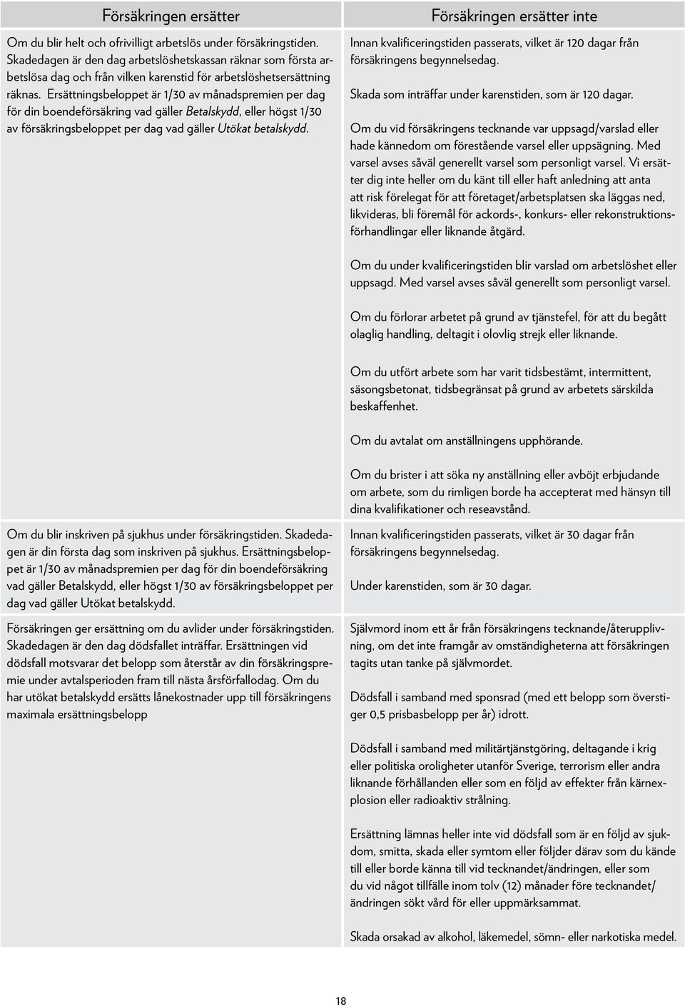 Ersättningsbeloppet är 1/30 av månadspremien per dag för din boendeförsäkring vad gäller Betalskydd, eller högst 1/30 av försäkringsbeloppet per dag vad gäller Utökat betalskydd.