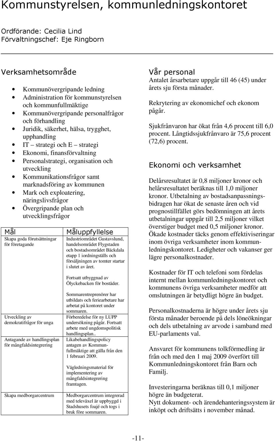 organisation och utveckling Kommunikationsfrågor samt marknadsföring av kommunen Mark och exploatering, näringslivsfrågor Övergripande plan och utvecklingsfrågor Skapa goda förutsättningar för