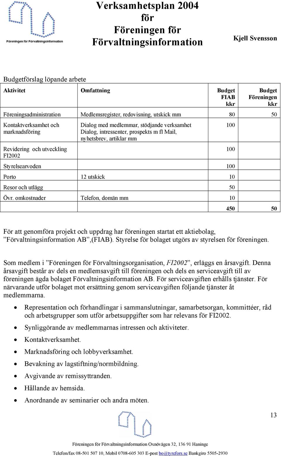 50 Övr. omkostnader Telefon, domän mm 10 100 100 450 50 För att genoma projekt och uppdrag har eningen startat ett aktiebolag, AB,(FIAB). Styrelse bolaget utgörs av styrelsen eningen.